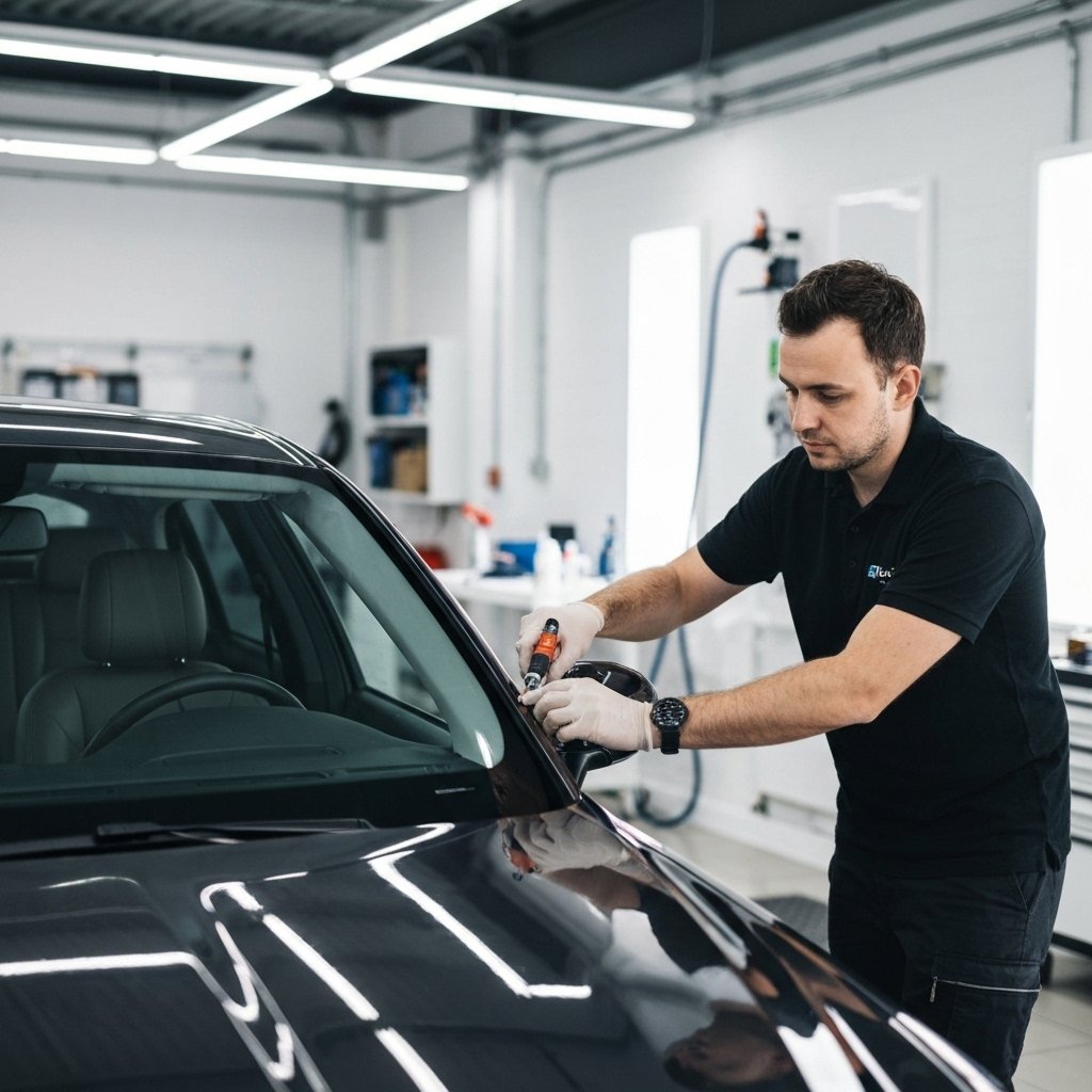 Technicien appliquant un film teinté haute performance sur une berline de luxe dans un atelier propre