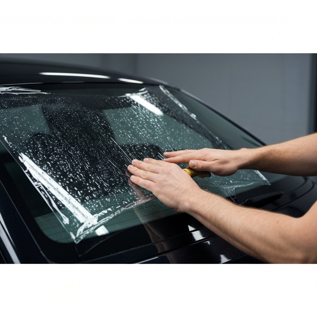 Close up of a technician squeegeeing water out from under a window tint film