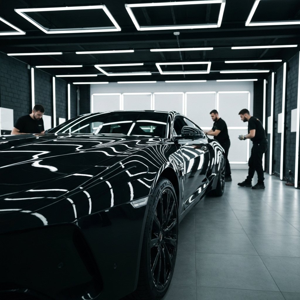 High-end luxury car being detailed in a professional workshop with bright lighting in Lausanne