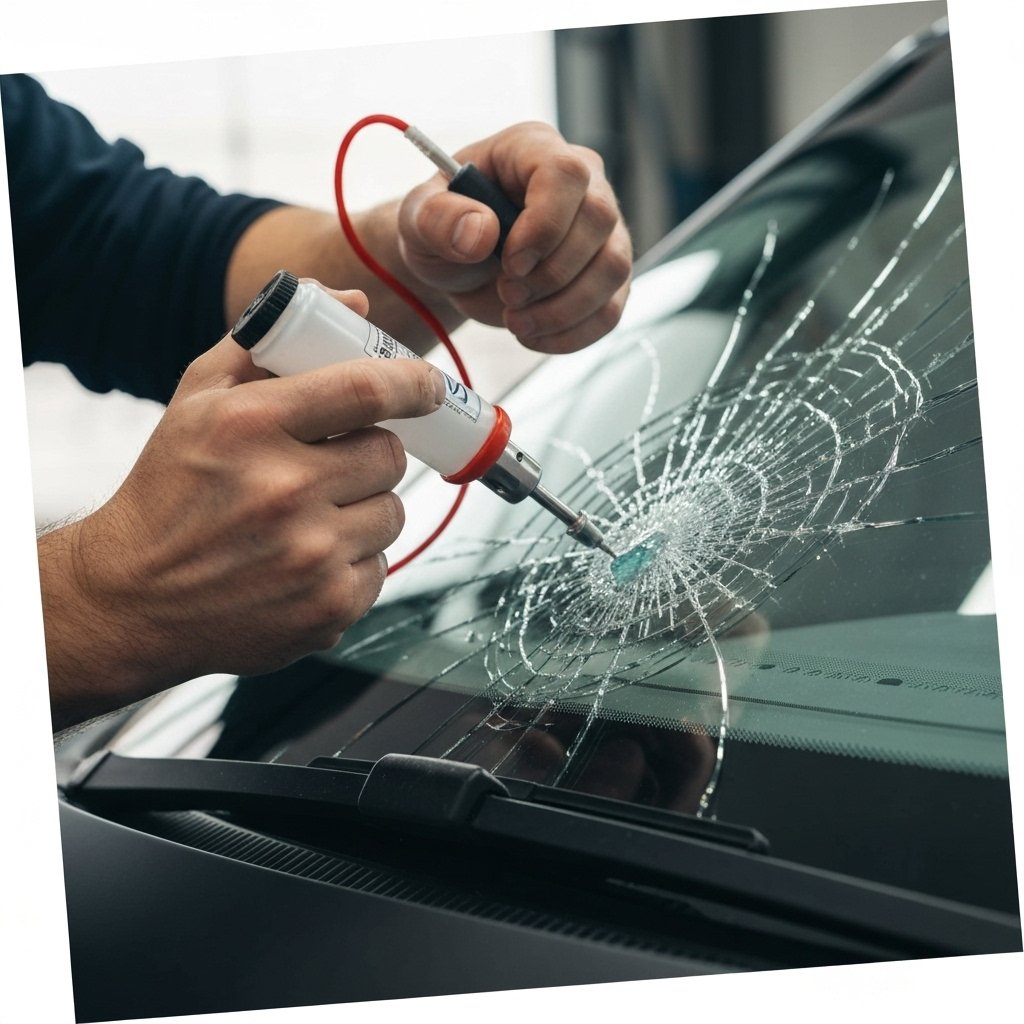Close-up of a windshield crack repair process with UV resin injection tool in a garage setting with mechanic hands visible