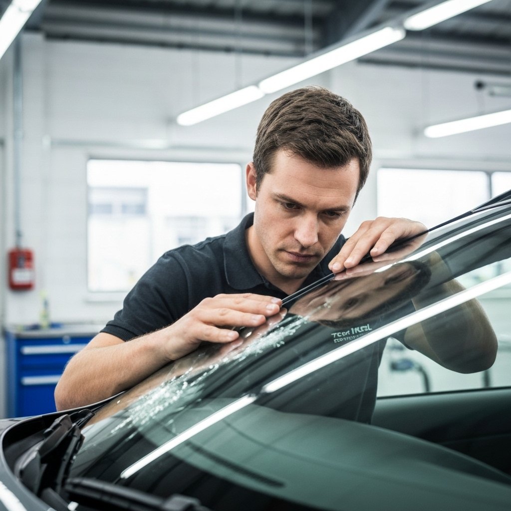 Technicien Tech Car inspectant minutieusement un impact sur un pare-brise de véhicule premium dans l