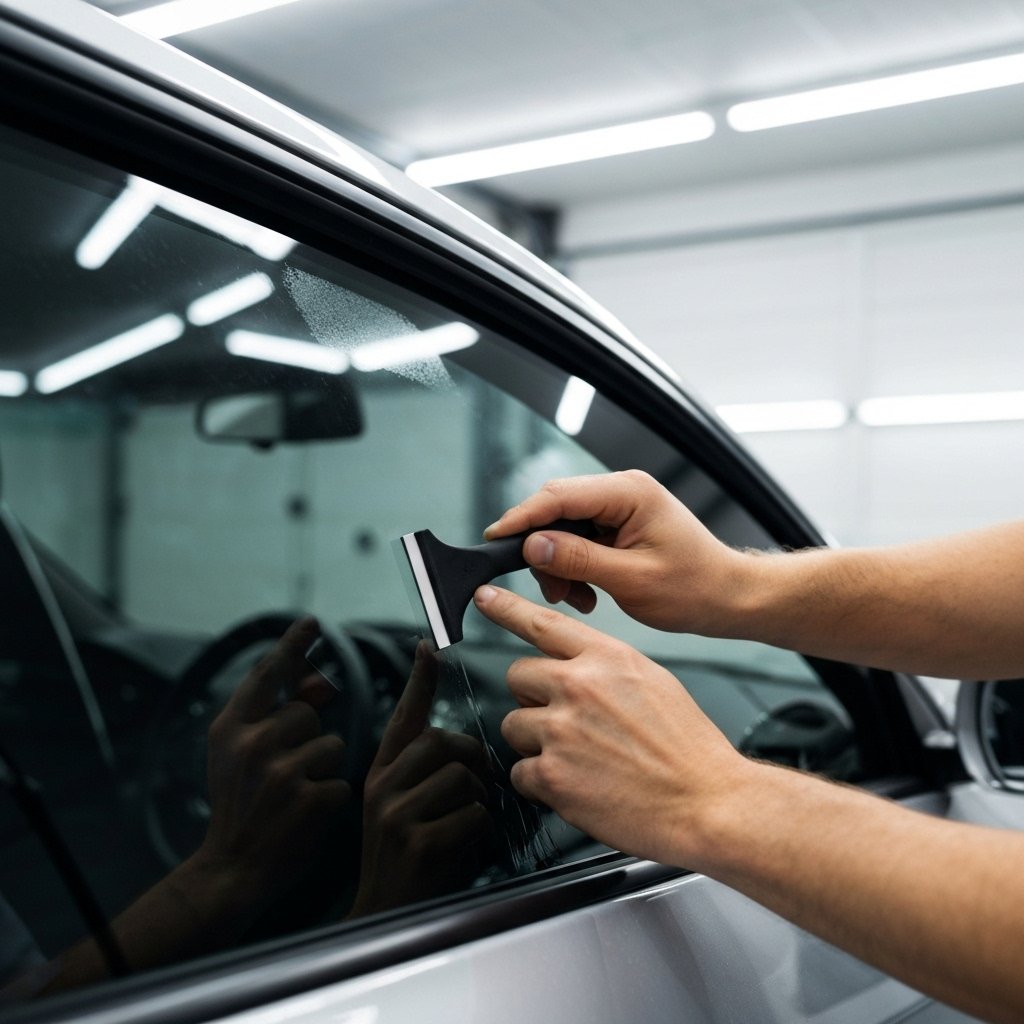Close-up of a professional technician applying window tint film on a luxury car window with precision tools