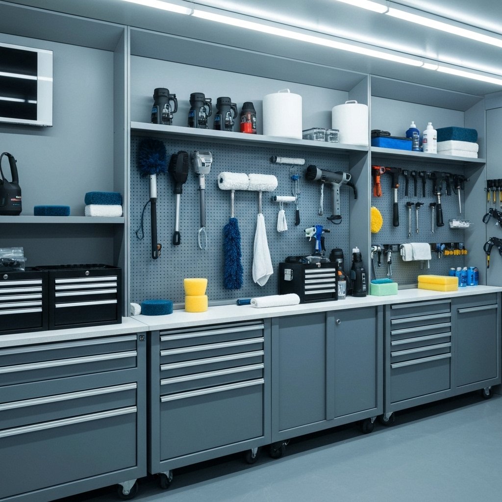 Tech Car workshop interior showing a clean, organized space with car detailing supplies and window tint rolls
