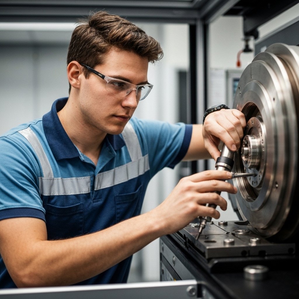 Technician inspecting a windshield impact with a specific measurement tool standard