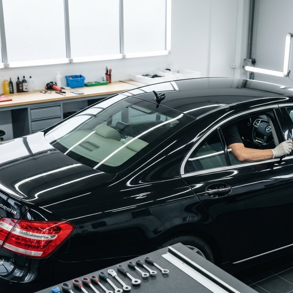 Technician applying window tint on a luxury sedan in a clean workshop in Lausanne