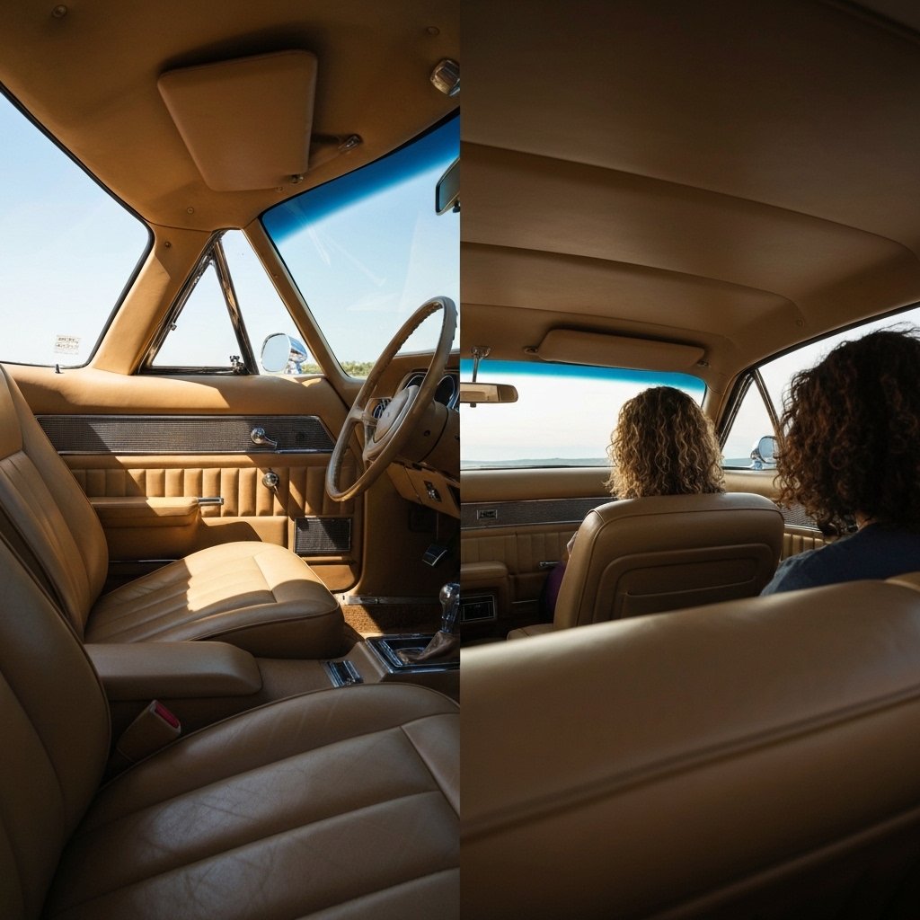 A split image showing a car interior view: on the left side, bright blinding sun and heat waves; on the right side, a cool, tinted view with comfortable passengers.