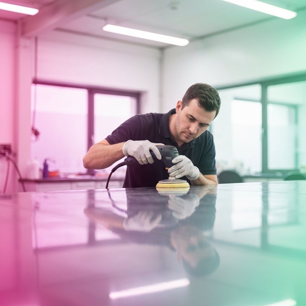 Technicien automobile concentré polissant minutieusement un phare de voiture avec une polisseuse électrique dans un atelier professionnel bien éclairé, reflets visibles sur la surface traitée