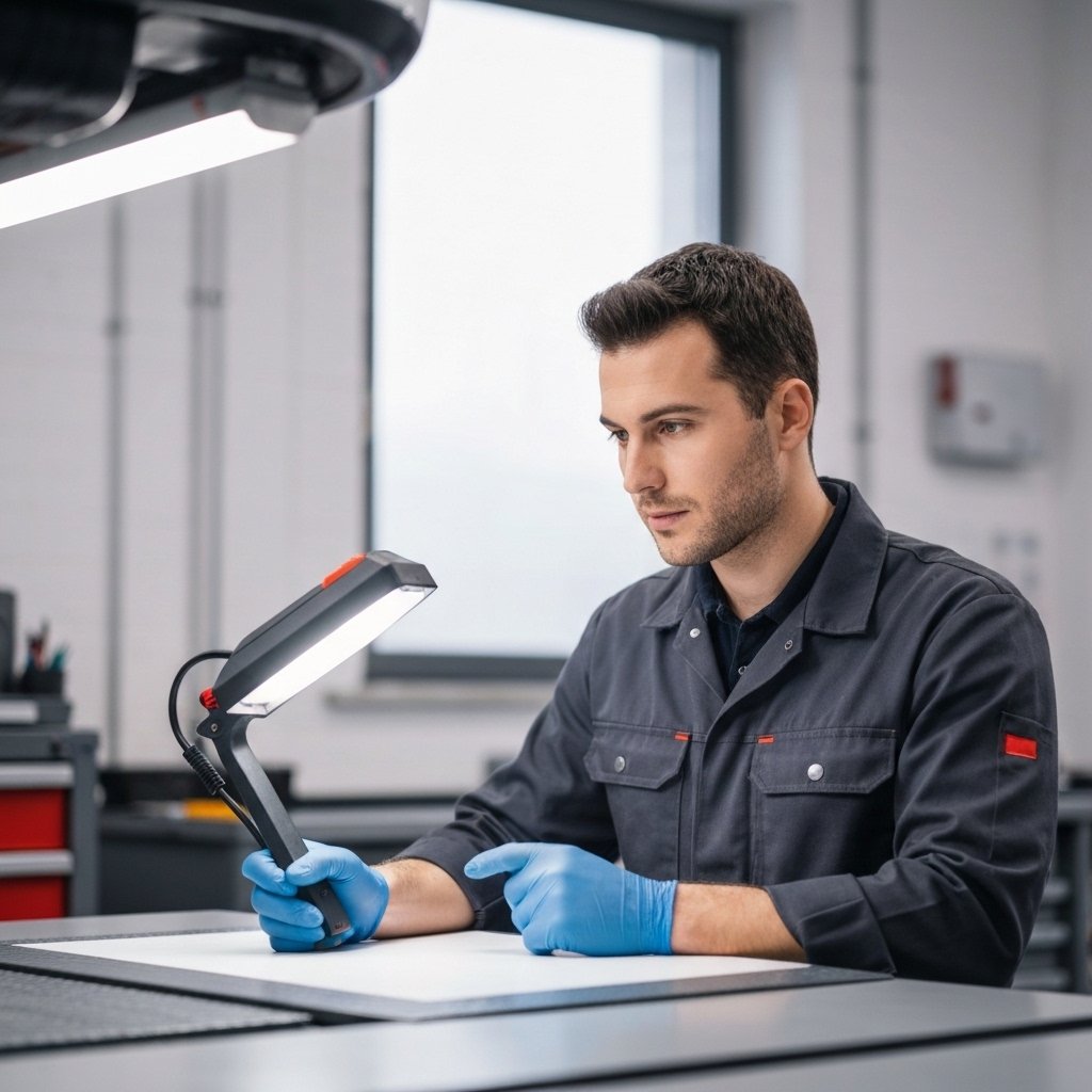 Mécanicien automobile examinant attentivement un phare de voiture avec une lampe torche dans un atelier professionnel moderne, éclairage naturel, focus sur l'inspection détaillée