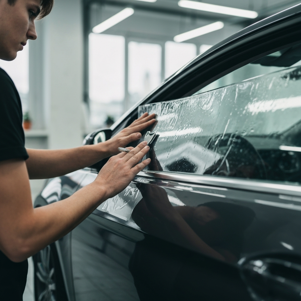 Professional automotive technician installing ceramic window tinting film on a modern car door in a clean workshop, hands carefully smoothing the film, close-up view showing the translucent film texture and installation tools, realistic lighting, no text or labels