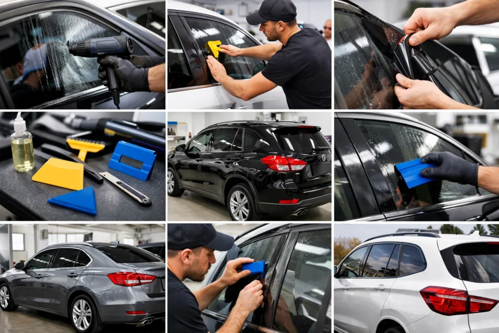 Guide visuel du prix pose film teinté automobile suisse: étapes de l'application, outils pro, et résultats sur divers véhicul