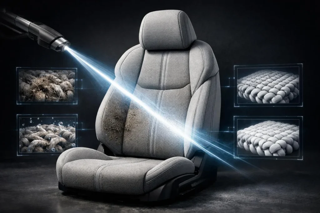 Nettoyage sièges auto tissu Lausanne: Processus expert futuriste. Siège transformé par lumière néon, guide innovant.