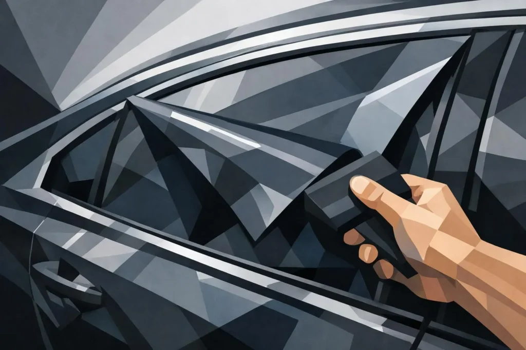 Pose film occultant voiture Lausanne: illustration géométrique audacieuse de l'application du film sur une vitre de voiture.