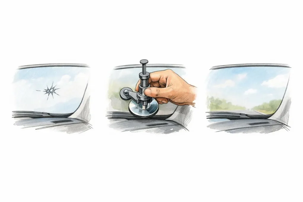 Étapes de réparation impact pare-brise Romanel: croquis d'un pare-brise avant/après réparation d'impact.