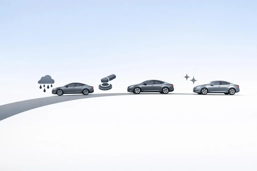 Illustration minimaliste : étapes du detailing voiture à Lausanne. Guide complet tarifaire 2026.