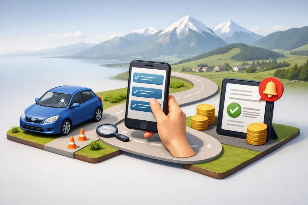 Image 3D isométrique ludique: Devis rapide réparation pare-brise automobile Vaud en 3 clics. Processus simple.