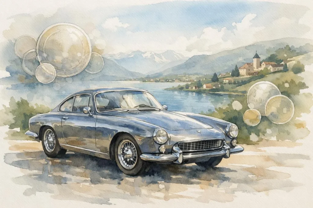 Image aquarelle d'un detailing voiture à Lausanne. Véhicule rutilant, reflet du lac, estimation des coûts de service.