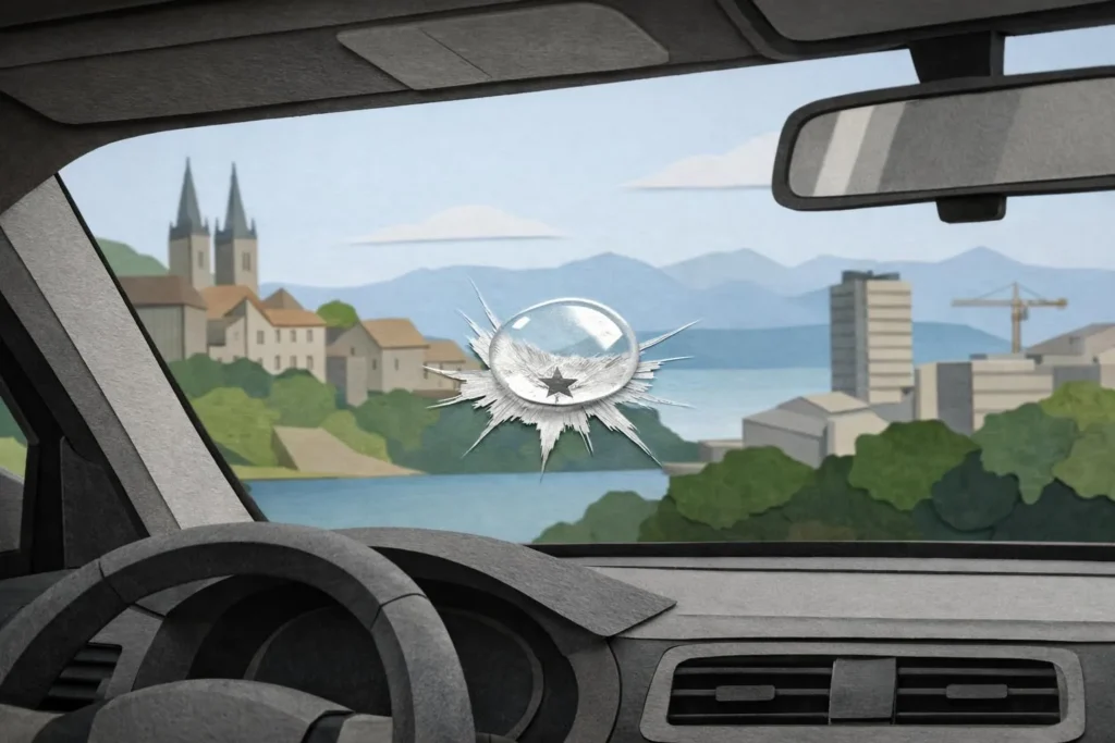 Réparation impact pare-brise sans franchise Lausanne. Illustration papercraft tactile en cours de réparation.