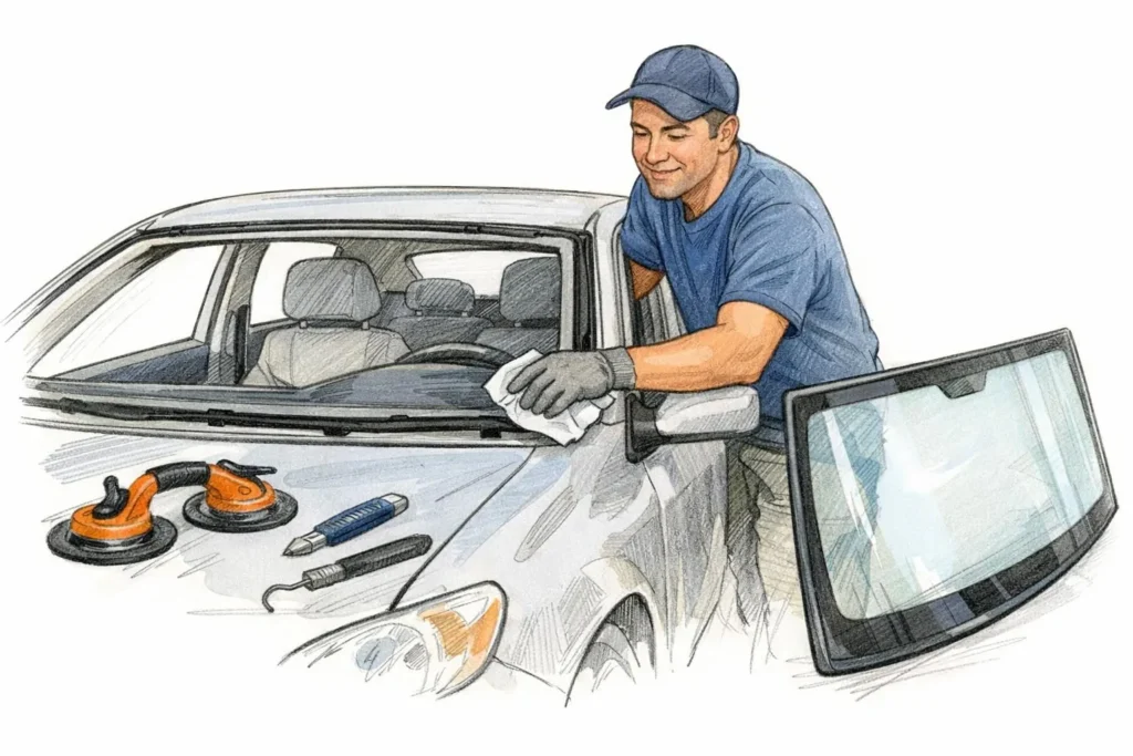 Changer pare-brise coût Lausanne: croquis d'un technicien remplaçant un pare-brise, tarifs transparents et service rapide.