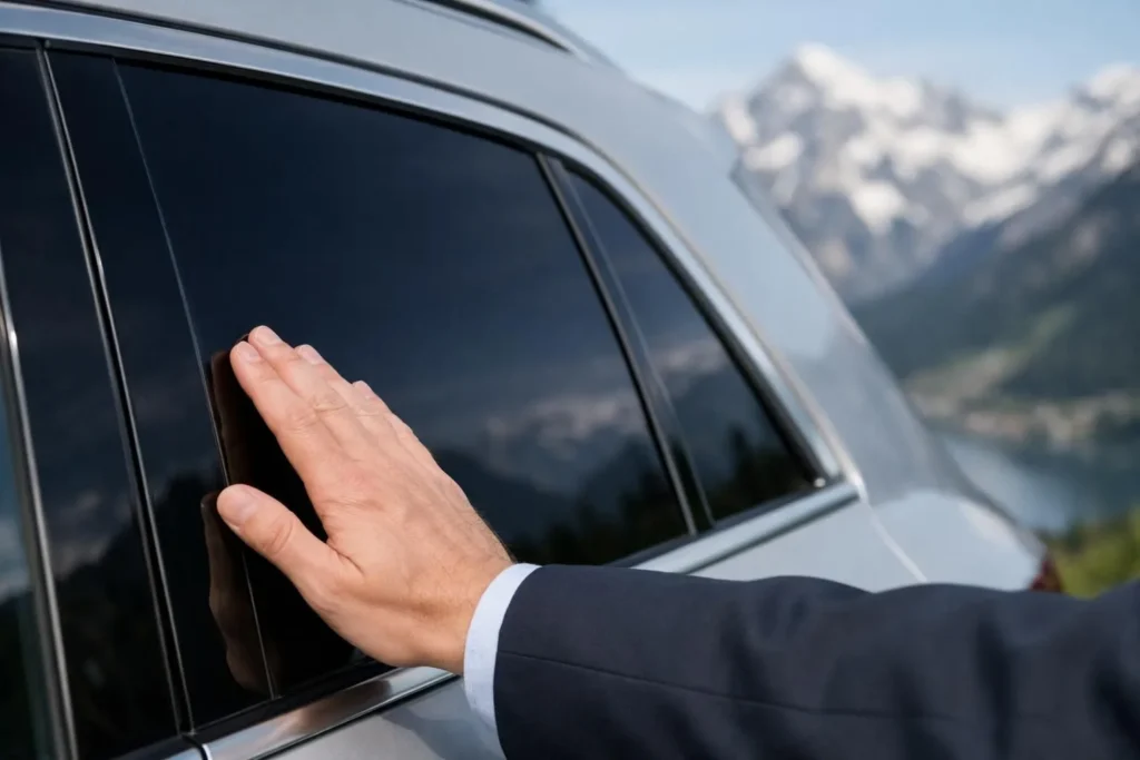 Gros plan sur une vitre de voiture teintée, un agent vérifiant la conformité en Suisse. Règlementation vitres teintées légali
