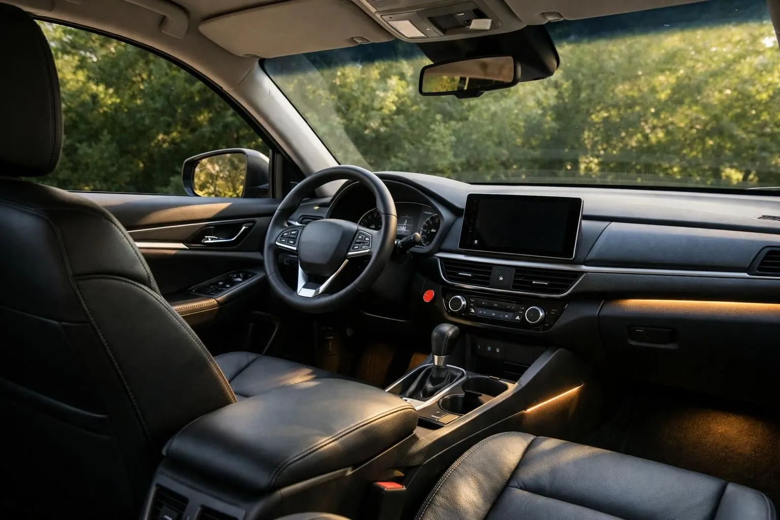 Interior view of a modern car with professionally tinted windows showing filtered sunlight creating a comfortable cabin atmosphere, visible dashboard and steering wheel, warm ambient lighting demonstrating heat reduction, no text or logos