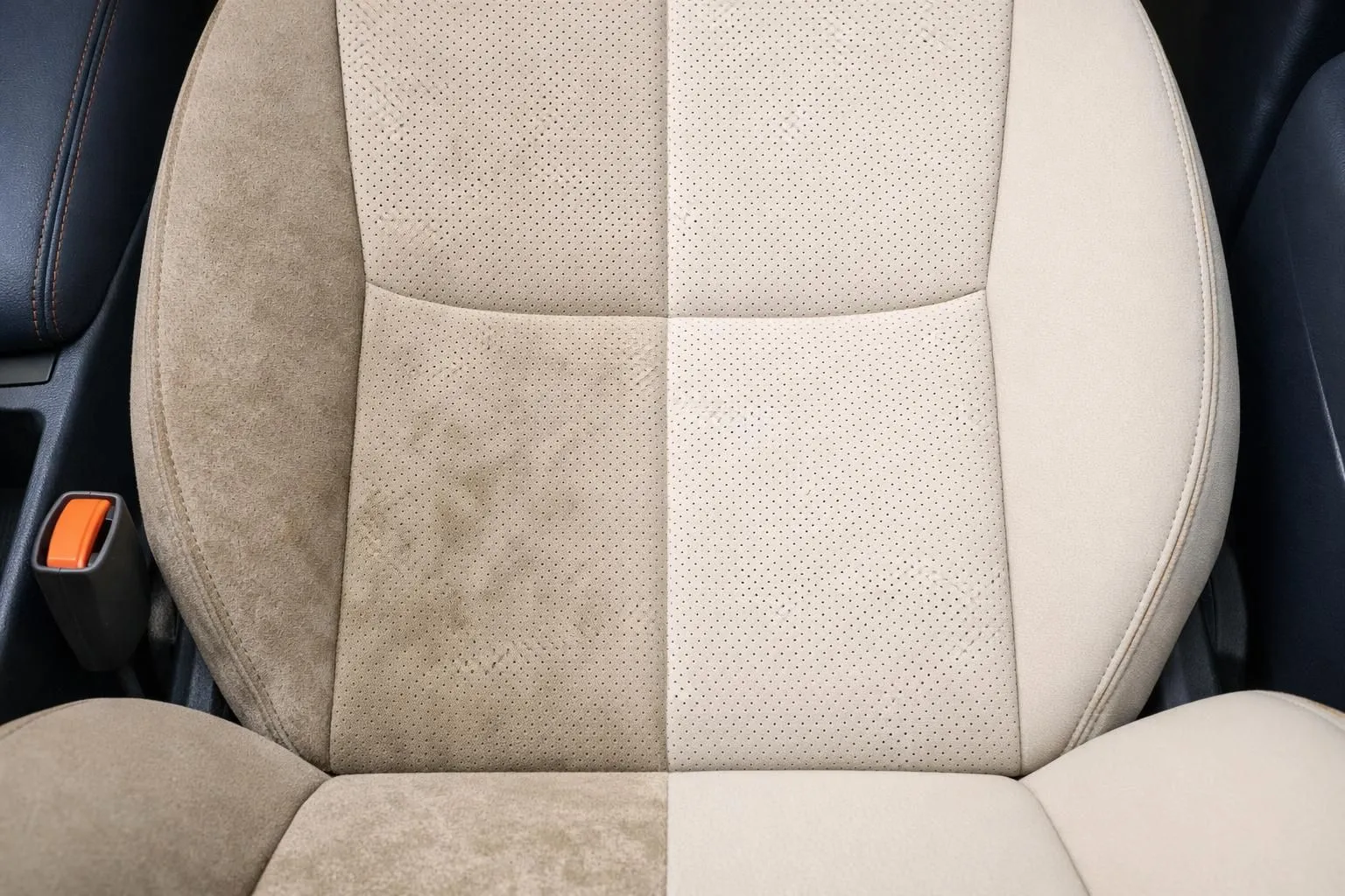 Close-up comparison showing one half of a beige fabric car seat with visible stains and dirt, while the other half appears freshly cleaned with vibrant fibers, demonstrating professional automotive upholstery cleaning results in Lausanne