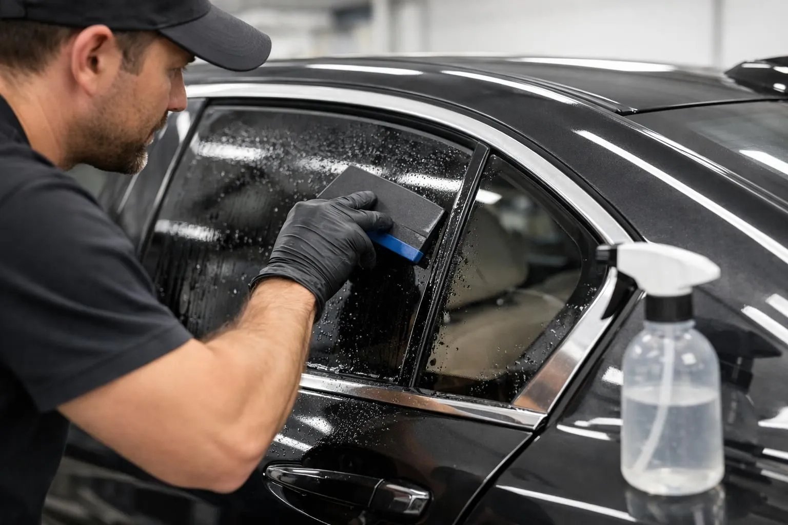 Professional automotive technician carefully applying dark tinted window film to a luxury sedan's side window in a clean modern workshop, showing precision squeegee technique and water spray bottle on nearby table, close-up view highlighting the film's smooth application process