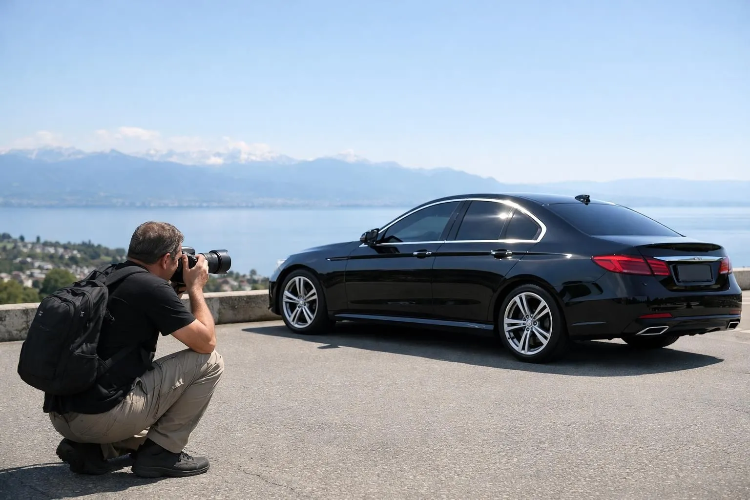 Close-up view of a luxury sedan parked in bright sunlight in Lausanne showing professionally tinted windows with visible sun reflection, demonstrating UV protection and heat reduction, with Lake Geneva visible in the background, professional automotive photography style