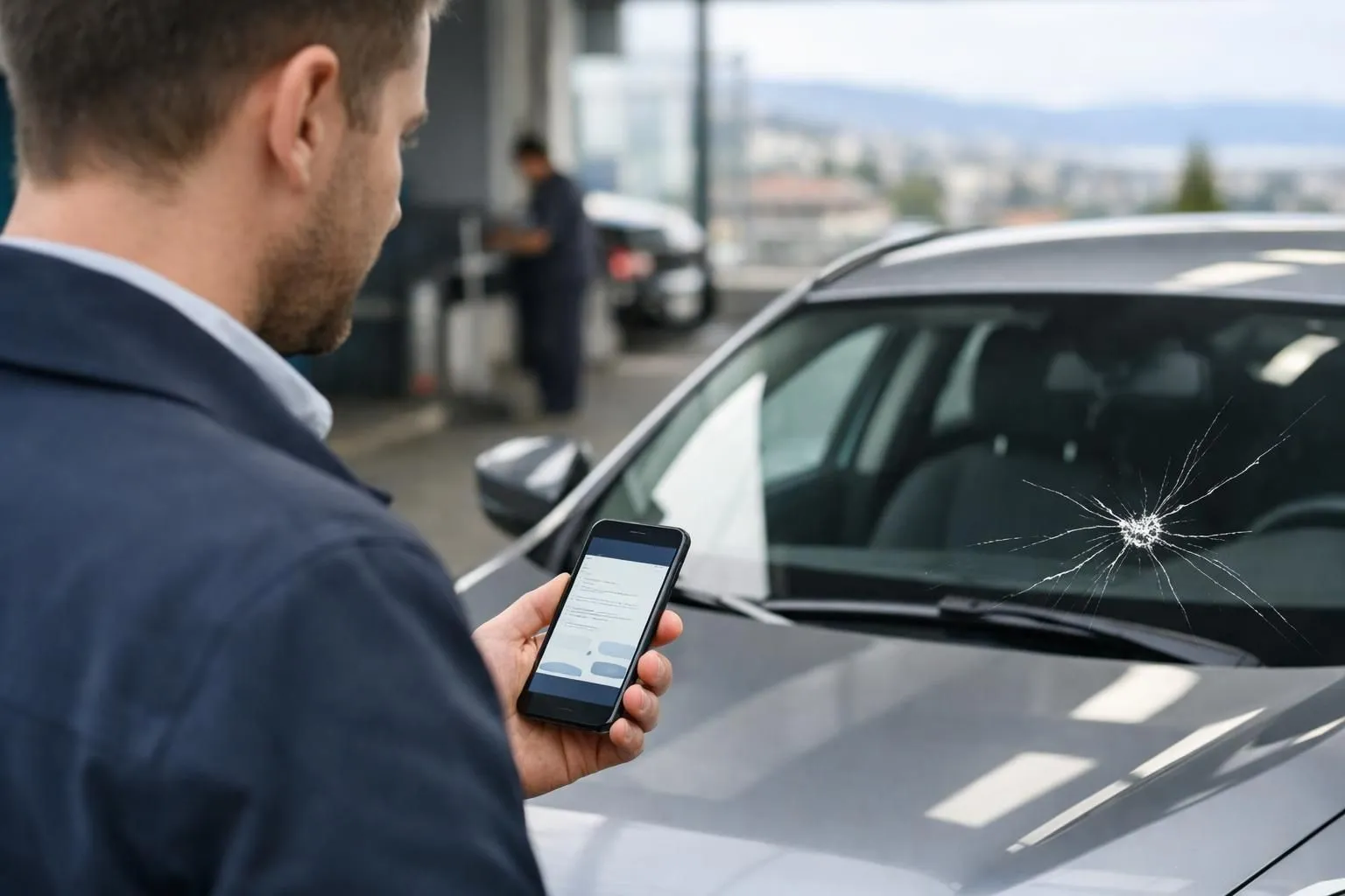 Person holding smartphone displaying windshield repair quote interface, modern car with cracked windshield visible in Lausanne parking area, natural lighting, professional automotive service context