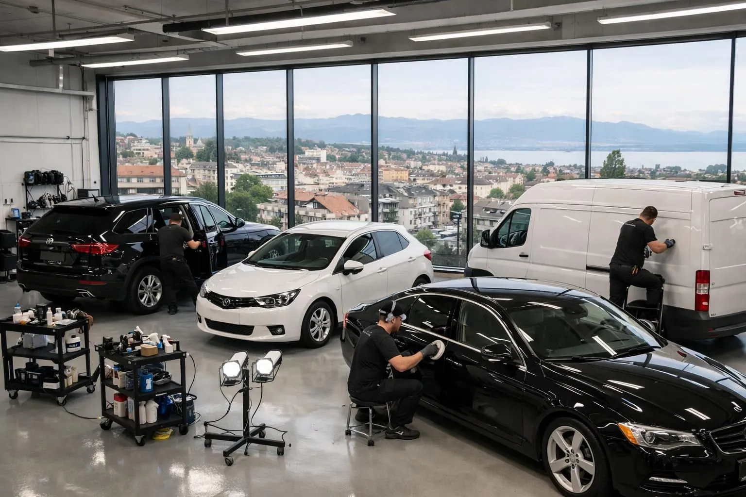 Interior view of a modern car detailing workshop in Lausanne showing multiple vehicles of different sizes (small car, SUV, sports car) being serviced simultaneously, with professional detailers working on various stages of exterior and interior cleaning under bright professional lighting, polishing equipment visible, clean organized workspace with glass walls showing the city in background
