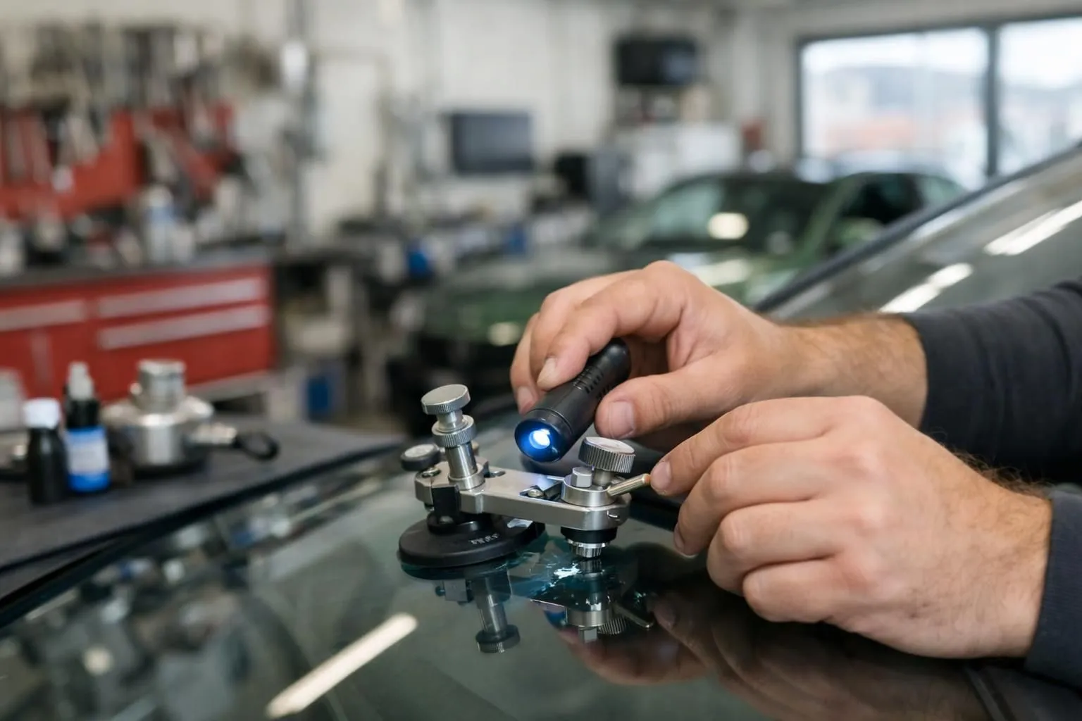 Professional technician in blue work uniform carefully applying resin to small windshield chip on modern car using specialized repair tool, bright workshop lighting in Lausanne, focus on hands and damaged glass area, no text or signage visible