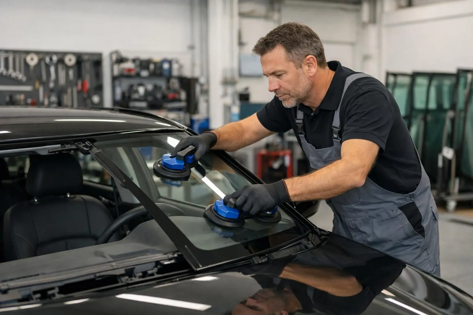 Professional automotive technician carefully installing a new windshield on a modern sedan inside a bright, organized workshop in Lausanne, Switzerland, with specialized tools visible and attention to precise alignment