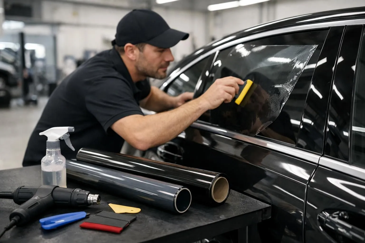 Professional technician carefully applying high-quality window tint film on a modern luxury car's side window inside a clean, well-lit automotive workshop in Romanel, with precision tools and film rolls visible, showcasing the meticulous installation process