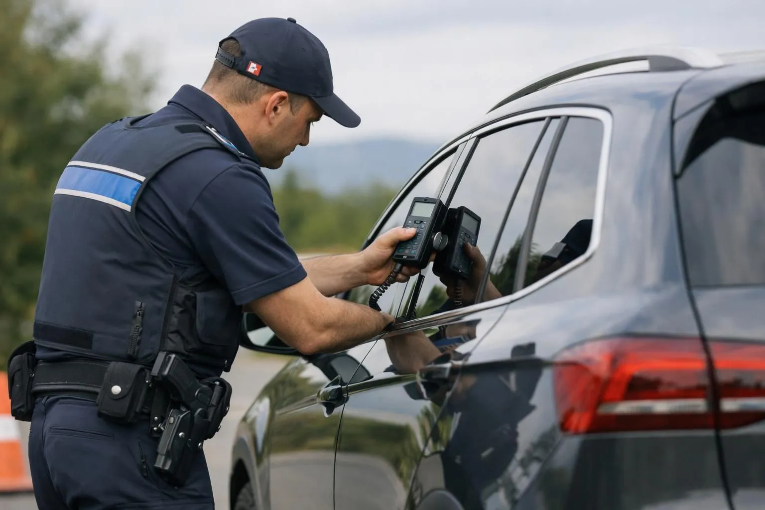 Police officer in Swiss uniform using light meter device to inspect vehicle side window tint level during daytime roadside control, Swiss license plate visible, modern car, professional law enforcement scene