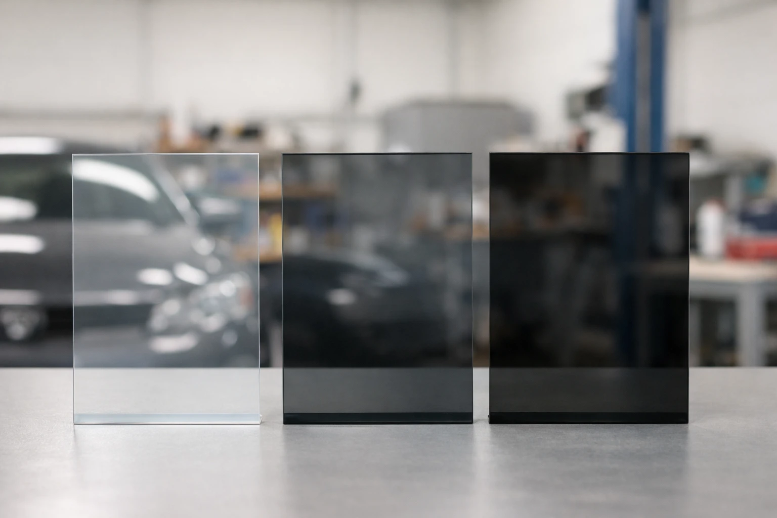 Three distinct automotive window tint film samples displayed side by side on a sleek surface, showing gradual transparency differences from standard to ceramic grade, with subtle light reflections highlighting each film's unique characteristics, professional automotive workshop background