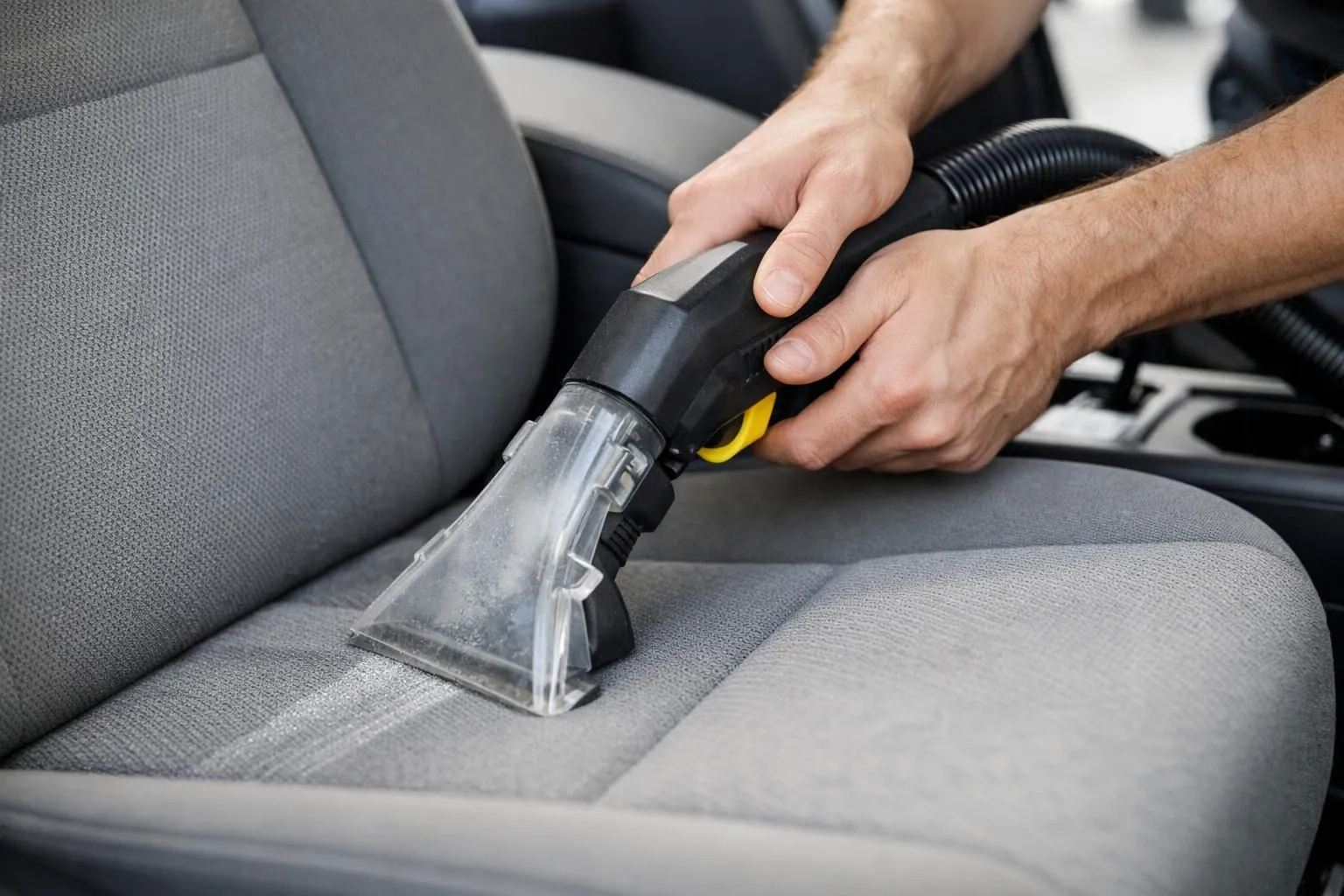 Technicien professionnel en uniforme utilisant une machine d'injection-extraction moderne sur le siège conducteur en tissu gris d'une voiture, vue rapprochée sur la buse de l'appareil en action, intérieur automobile propre et lumineux