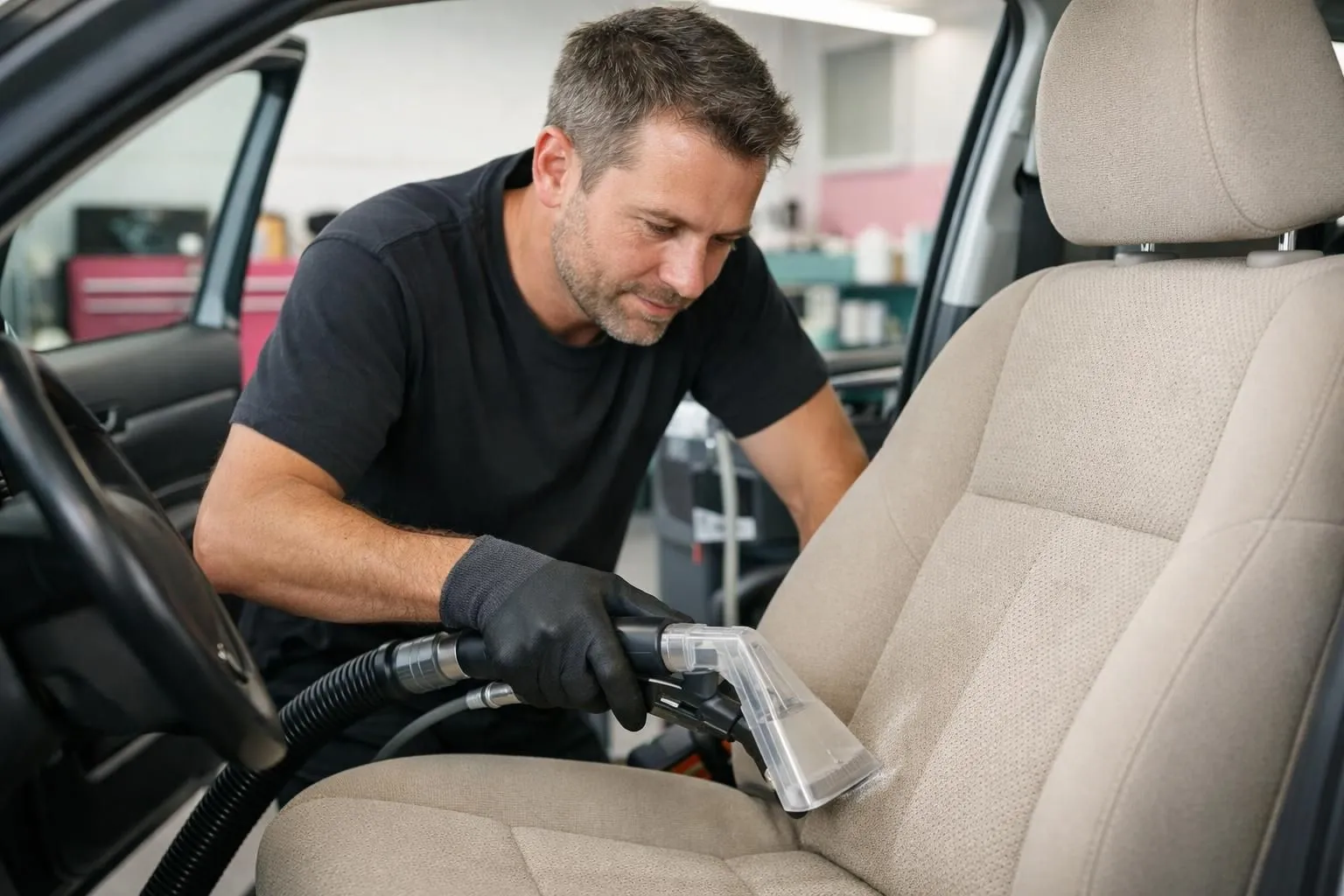 Professional car detailing technician in Tech Car workshop performing injection-extraction cleaning on beige fabric car seat with specialized equipment, showing before-after results on adjacent seat, modern clean garage environment in Lausanne