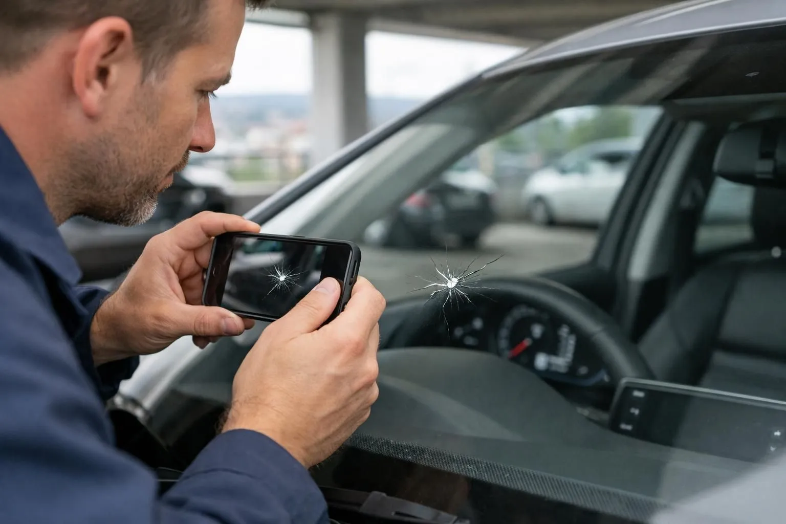 Person taking close-up photo of windshield crack with smartphone in Lausanne parking, visible damage detail, modern vehicle dashboard visible through glass, natural daylight, professional documentation angle