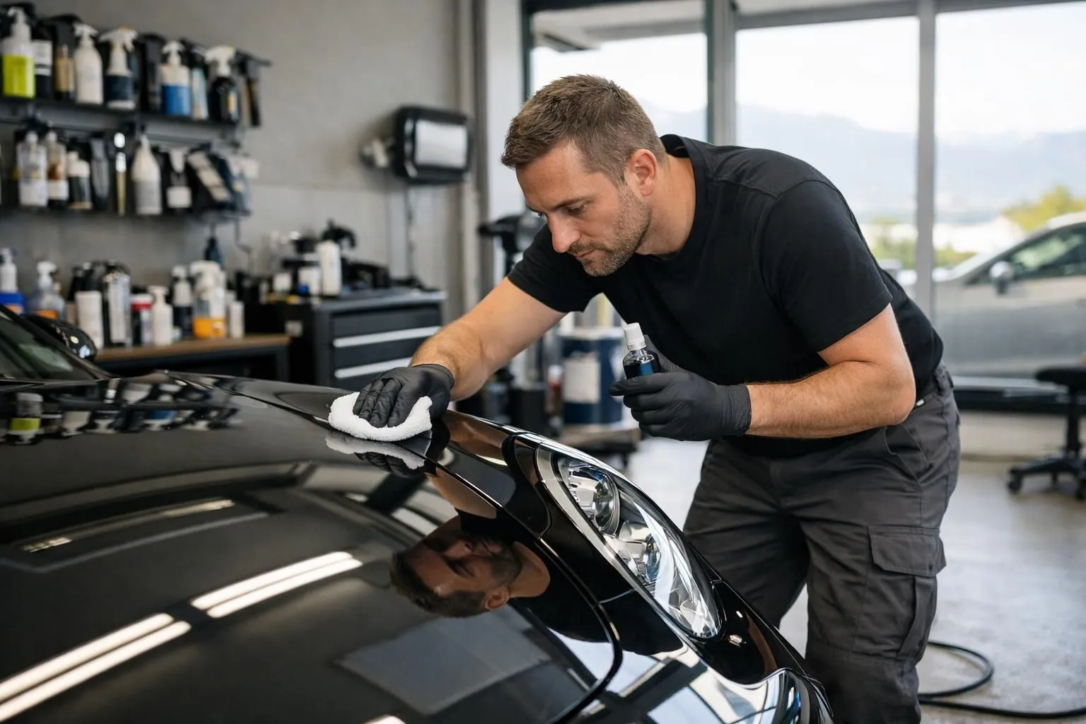 Professional car detailing workshop in Lausanne showing three distinct vehicle types (compact sedan, mid-size SUV, luxury sports car) positioned at different service stations with visible detailing equipment, polishing machines, and ceramic coating supplies in bright daylight