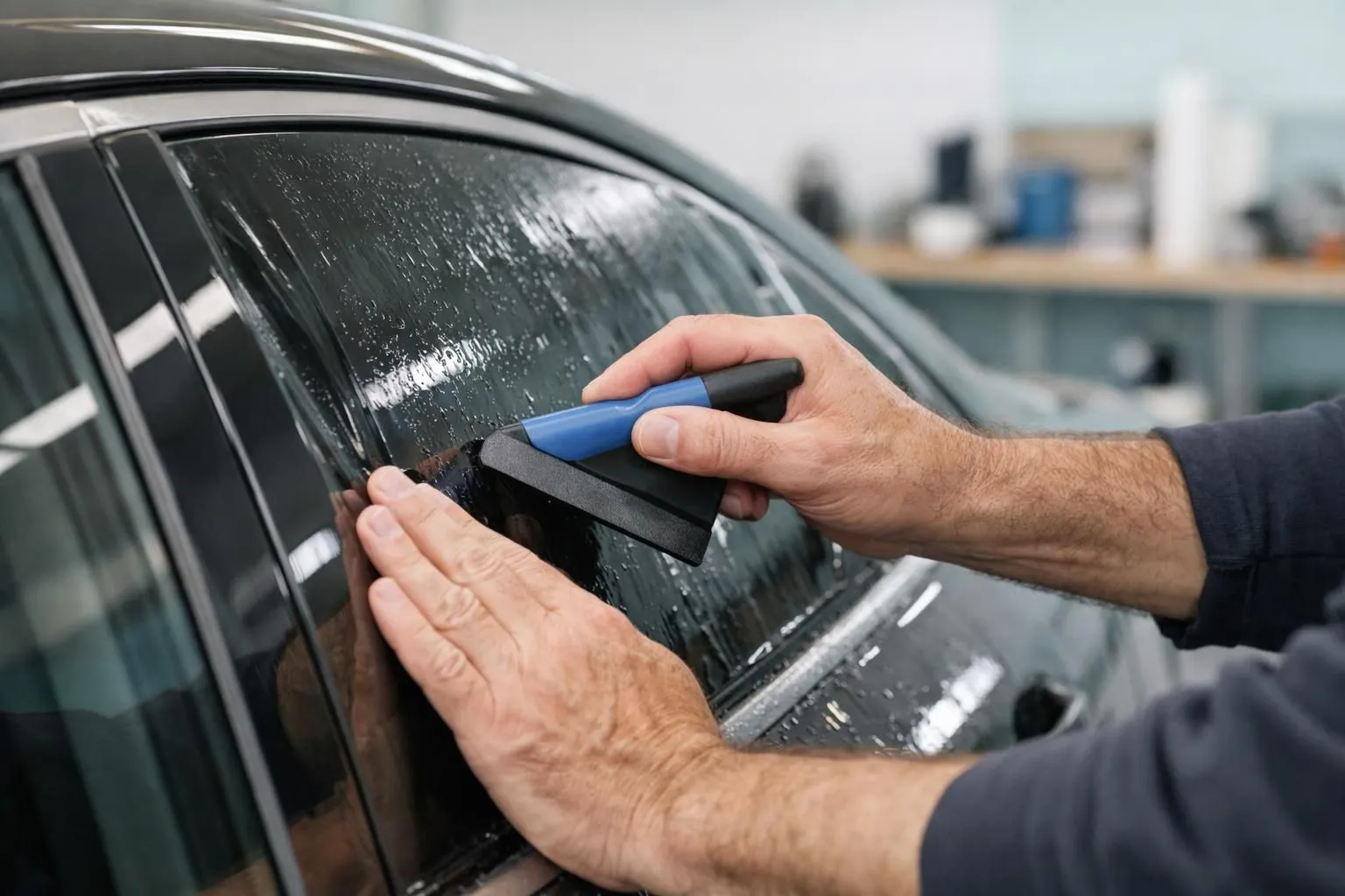 Professional technician applying precision-cut tinting film to car window with specialized squeegee tool in modern automotive workshop, showing detailed hand positioning and film application technique without any text or labels visible