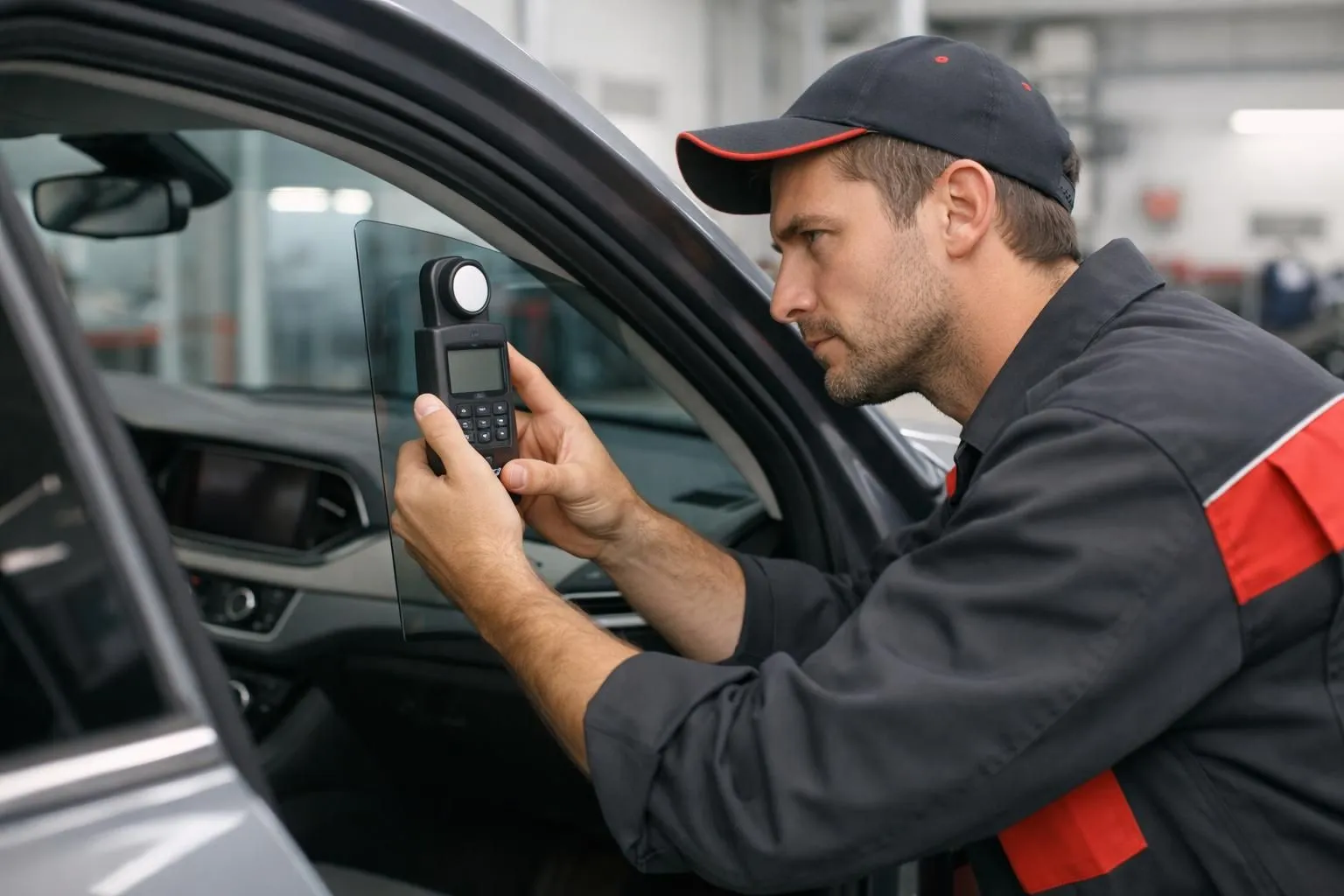 Professional automotive technician in Swiss workshop using handheld light transmission meter device to measure tint darkness on car side window, modern vehicle interior visible, technical precision equipment, realistic workplace setting, automotive service environment