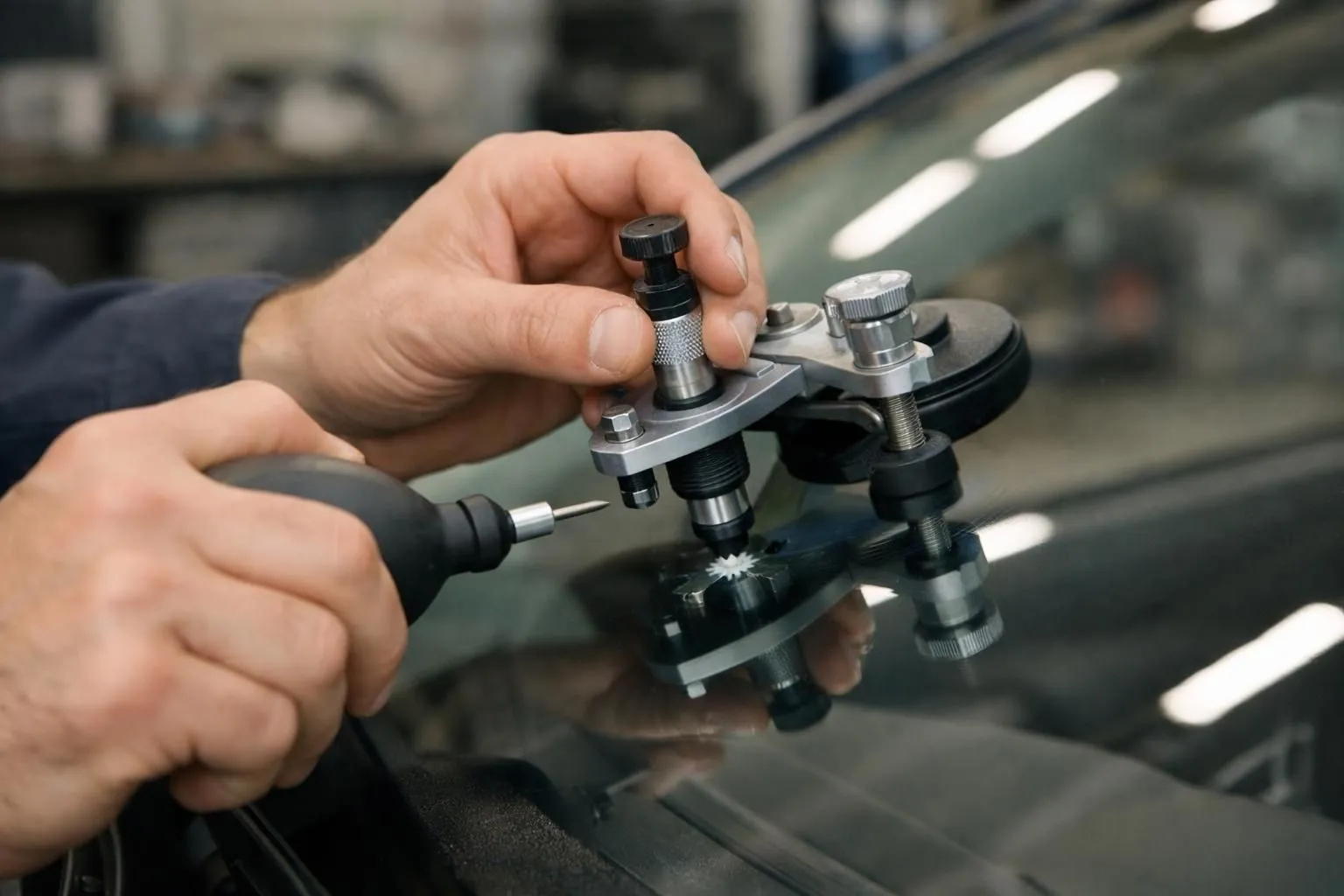 Professional mobile windshield repair technician working on a modern car parked in a residential driveway in Romanel-sur-Lausanne, Swiss Alps visible in background, technician using specialized resin injection tools on small windshield impact, mobile service van with equipment nearby, natural daylight, photorealistic automotive service scene