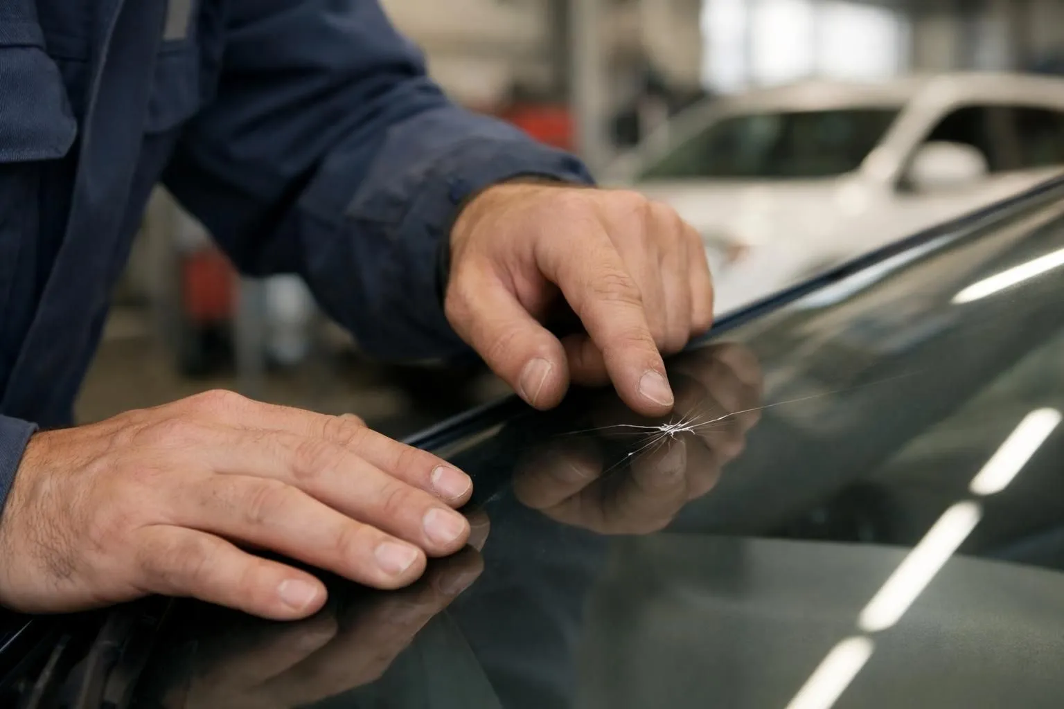 Professional automotive glass technician in casual work uniform examining windshield crack with friendly smile while vehicle owner stands nearby in modern garage workshop, bright natural lighting, Lausanne region Switzerland setting, focus on personalized customer service interaction