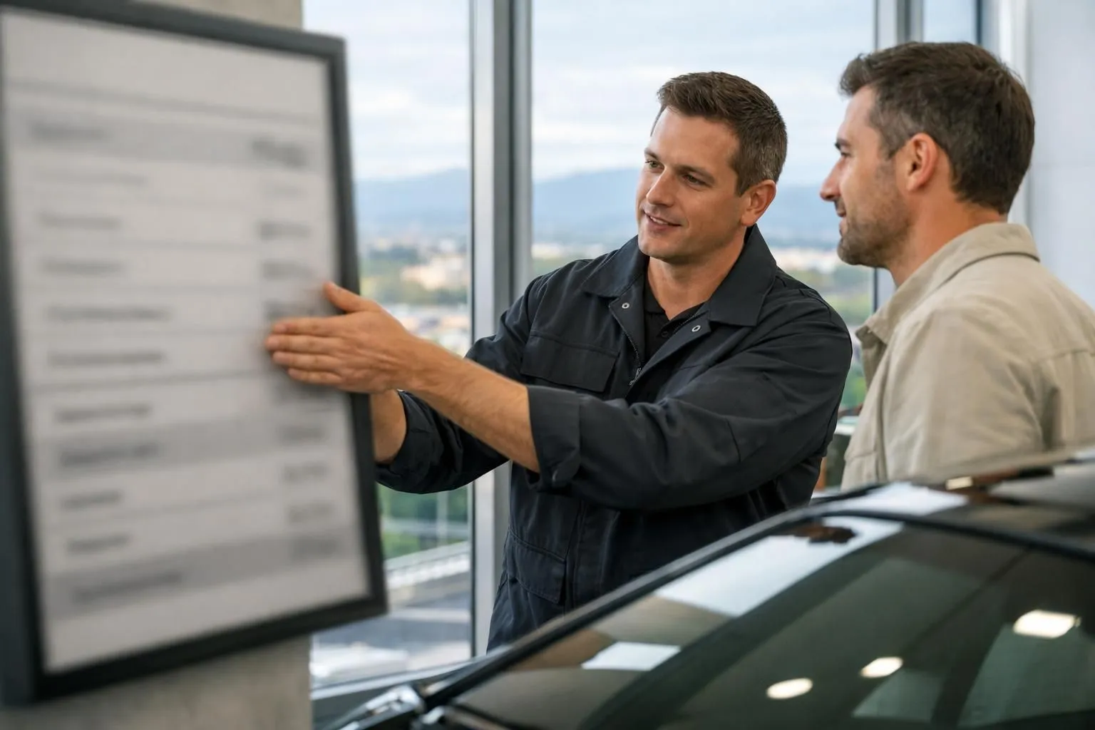 Tableau de prix affiché dans un atelier de detailing automobile moderne à Lausanne, avec un technicien en blouse professionnelle montrant différentes options à un client devant une voiture récente, ambiance lumineuse et vitrée donnant sur la ville