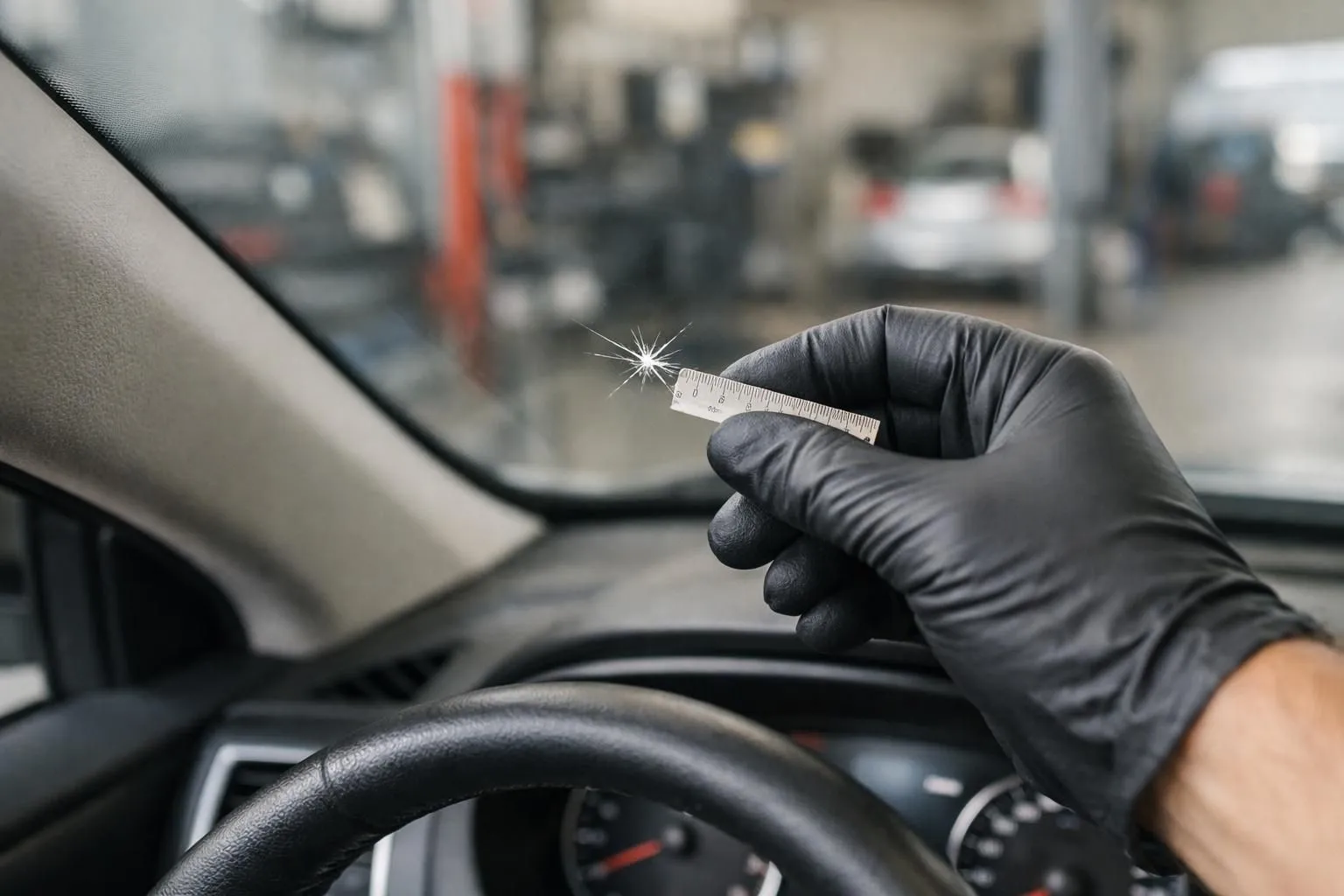 Close-up view of a professional technician's gloved hand examining a small star-shaped windshield impact with a measuring ruler in bright daylight, visible car dashboard in background, realistic automotive service setting in Lausanne