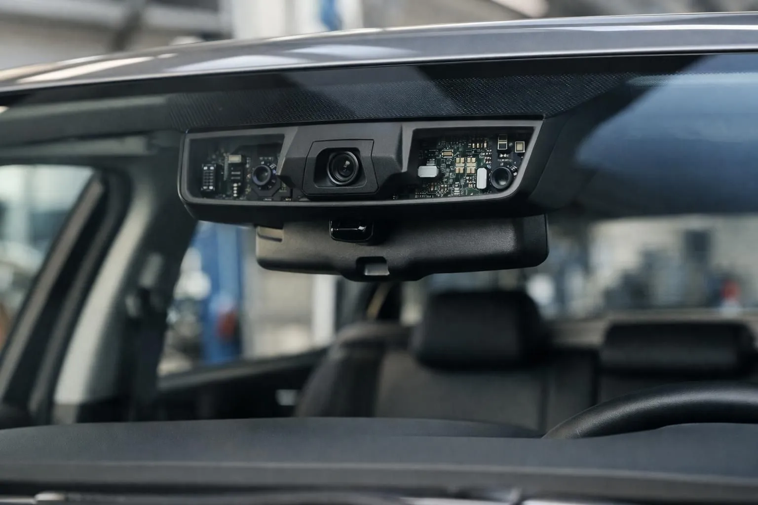 Close-up of modern car windshield showing ADAS camera system and sensors mounted behind rearview mirror, visible electronic components behind glass, professional automotive service environment in Lausanne, natural lighting highlighting technological integration