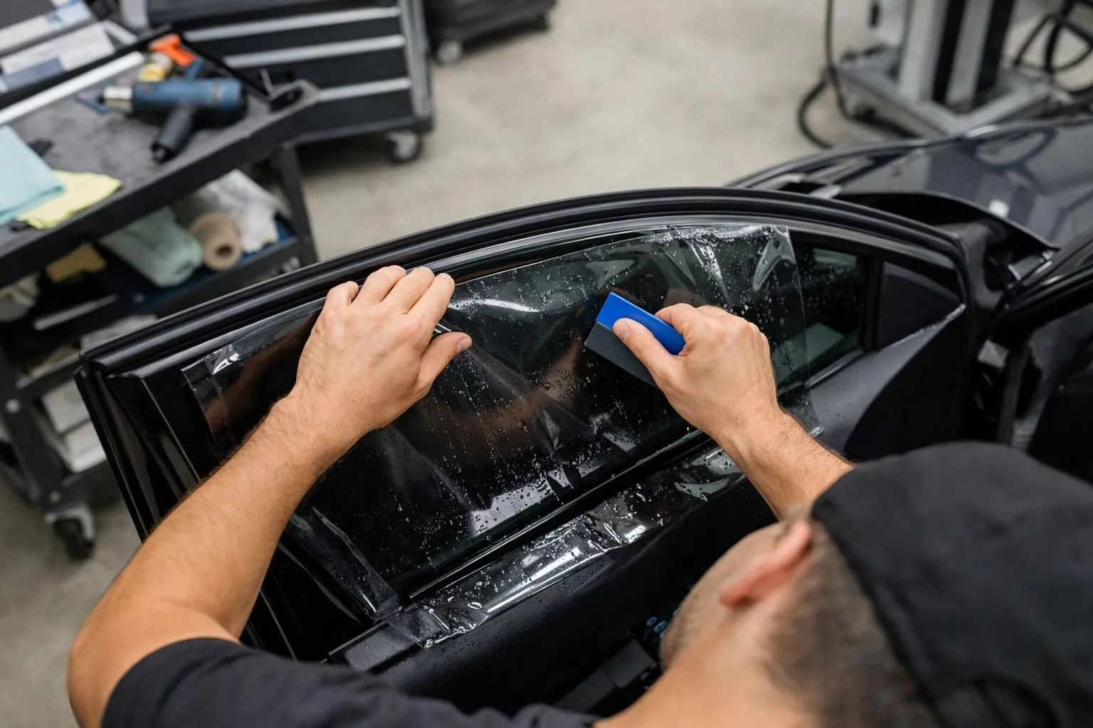 Close-up of automotive technician's hands carefully applying professional window tint film to a car's side window in a workshop, showing precision installation process with modern equipment visible in background, realistic daytime lighting