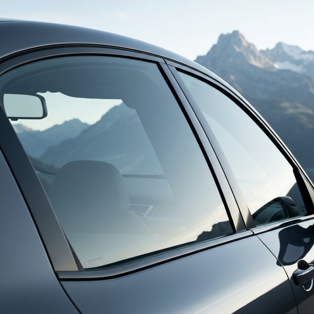 Vitre latérale avant teintée d'une voiture moderne, avec fond suisse, illustrant la réglementation vitres teintées avant suis