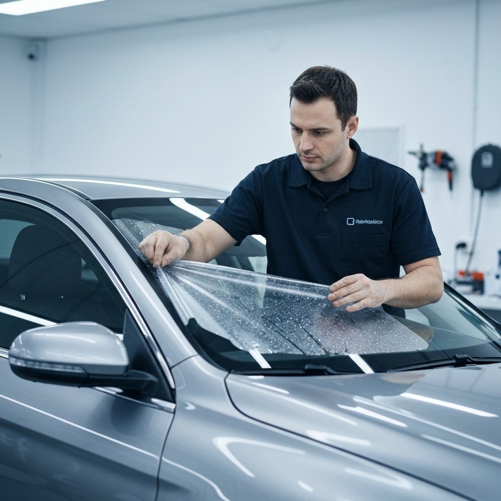 Technicien installant un film solaire sur une vitre de voiture, illustrant la durée de pose experte.