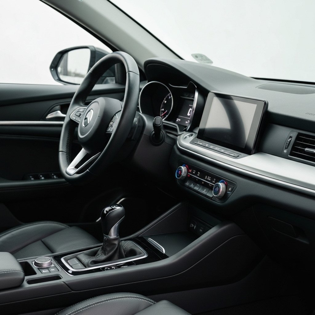 Intérieur de voiture impeccable après un nettoyage interieur voiture professionnel. Tableau de bord et console brillants.