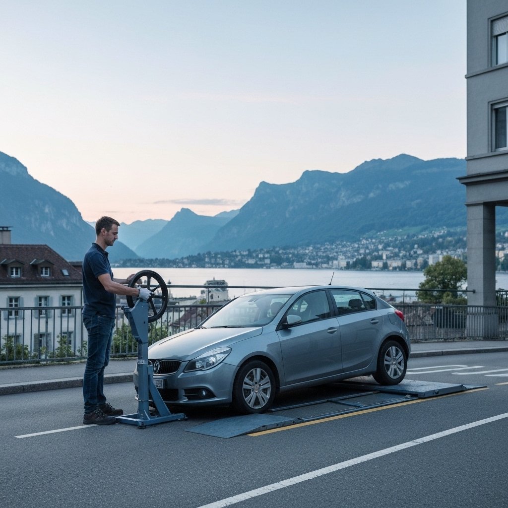 Dépanneuse moderne assistant une voiture en panne sur une rue de Lausanne au crépuscule. Service de depannage voiture lausann
